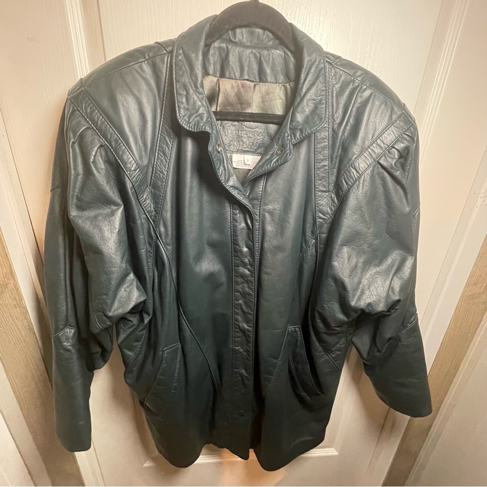 Vintage The Leather Ranch 100% Leather Dark Forest Green coat Canadian made Sz 3